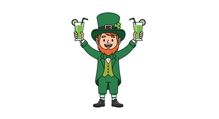 Leprechaun wearing a green suit and top hat celebrates Saint Patricks Day by holding two glasses of green beverage with lime slices and black straws.