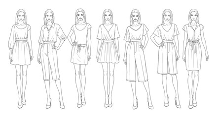 diverse vector illustration of female models showcasing modern casual spring summer fashion outfits ideal for clothing line concepts and style guides.