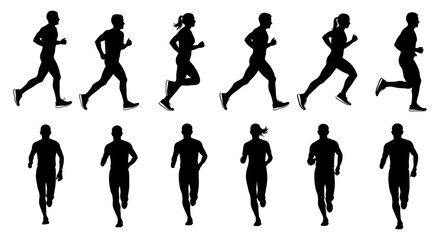 Fototapeta premium dynamic silhouettes of diverse male and female runners in motion representing fitness health and an active lifestyle for sports and training.