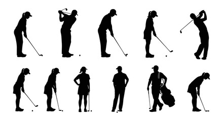 Naklejka premium dynamic silhouettes of male and female golfers playing depicting various swing and putting actions ideal for sports and leisure design.