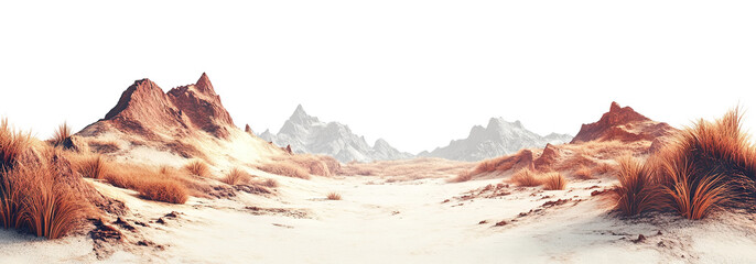 Wide desert valley with rocky mountains and dry grass, isolated on transparent cutout background