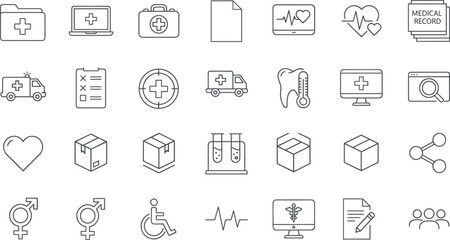 Healthcare medical line icons set, hospital ambulance heart monitor record laptop pharmacy insurance symbols collection vector outline pack editable design