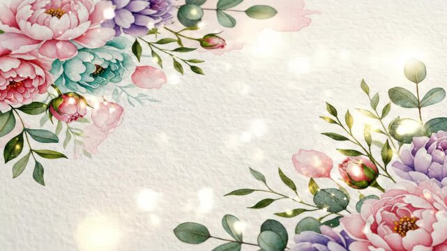 Watercolor pink blue purple flowers on white paper background