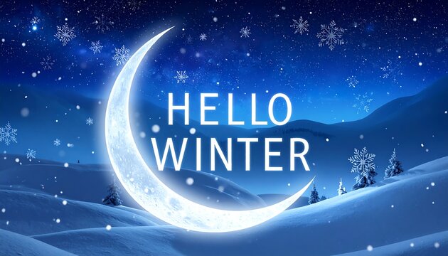 A crescent moon glows in a winter landscape with snowy hills and the text 'HELLO WINTER'