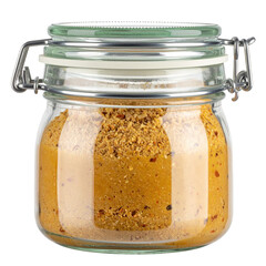 Peanut butter in a glass jar with a metal clasp on a white background