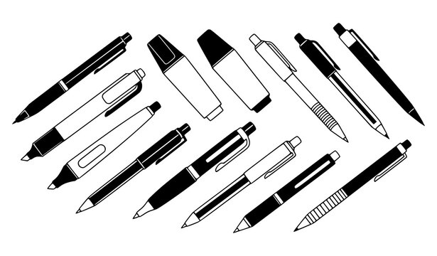 Diagonal layout of black and white vector pens with calligraphy, gel, and highlighter designs for clean illustrations