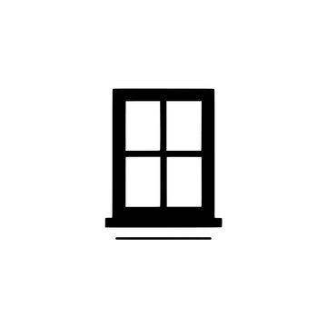A simple black and white illustration of a traditional double-hung window with a sill