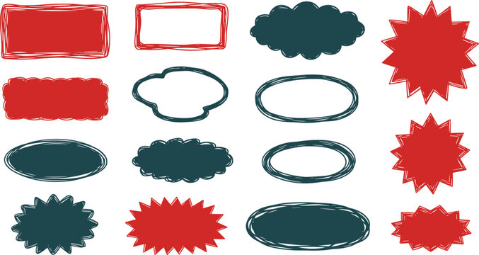 A collection of 15 abstract shapes in red and dark blue on a white background for design and artistic purposes