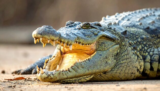 A crocodile with a large open mouth shows its teeth and the roof of its mouth on sandy ground