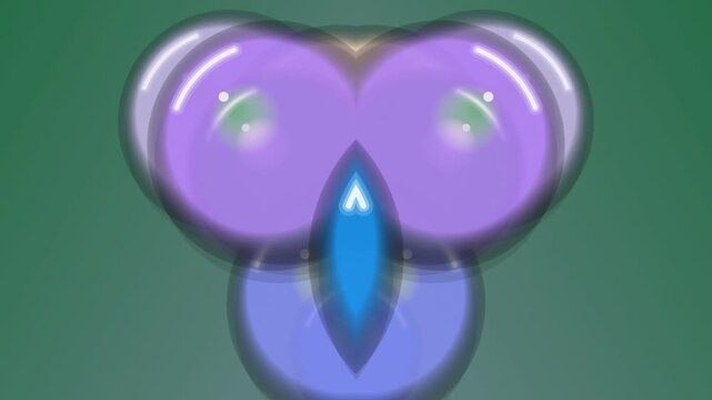 Abstract purple and blue alien creature with green eyes on a green background.