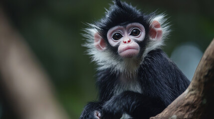 Obraz premium A young monkey sits gracefully on a tree branch, surrounded by vibrant greenery, showcasing its curious expression in bright daylight.