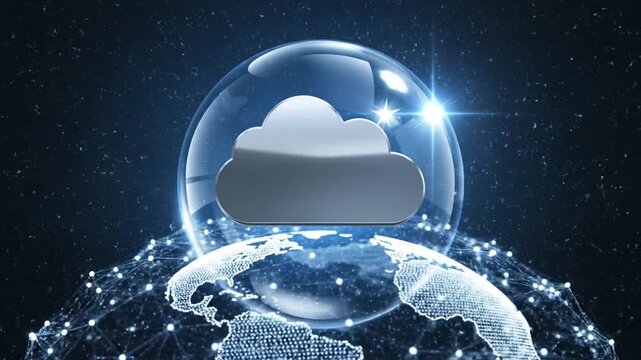 Cloud technology connects the world through a transparent globe with a cloud icon surrounded by a network of glowing connections and stars in the background