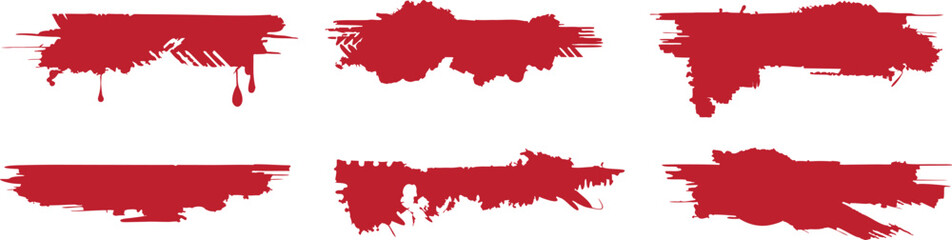 Red paint brush stroke set isolated on white. Grunge ink splatter and smear textures. Bold vector elements for banners, posters, and design.