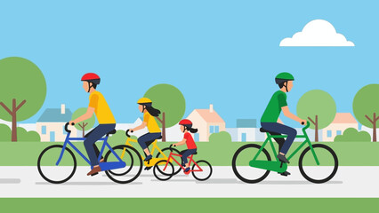 Naklejka premium family and a man cycling on bikes along a sunny suburban park path illustrating healthy outdoor activity and leisure.