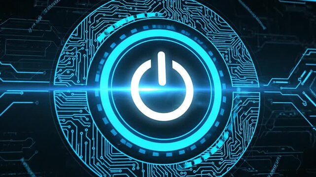 Futuristic power button glowing bright blue on a high-tech circuit board interface viewed from directly above.