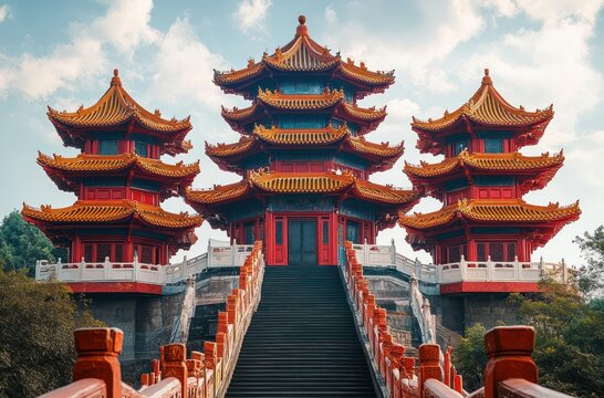 Majestic red and gold traditional multi-tiered pagoda complex atop a wide stone staircase, symmetrical temple pavilions framed by trees under a dramatic cloudy sky evoking awe and serenity