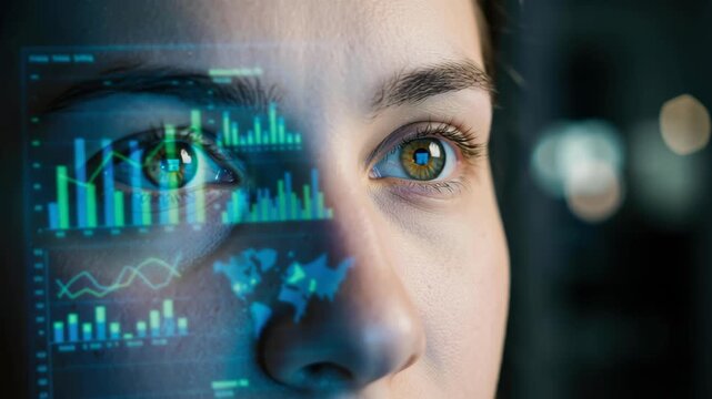 Gen z leader technology future vision with data analytics screen reflection at night