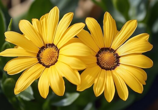 two vibrant yellow daisy-like flowers with dark center rings and green blurred foliage, bright cheerful close-up