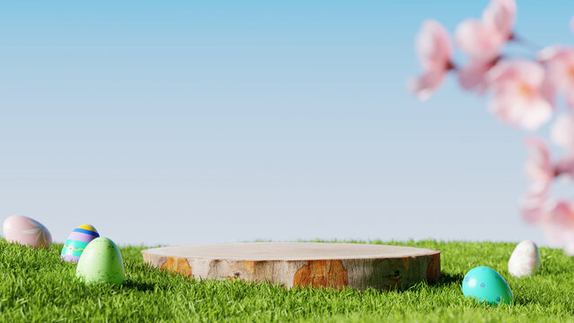 Easter wood podium on green grass with eggs and cherry blossoms. 3D rendering