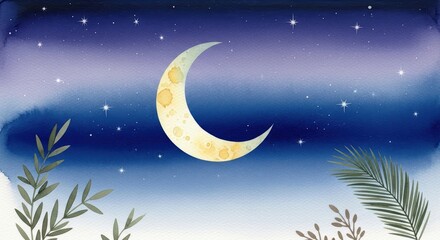 Naklejka premium Watercolor painting of a serene night sky with crescent moon, stars, and abstract palm leaves, perfect for Islamic themes