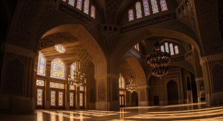 Fototapeta premium Luxurious mosque interior adorned with intricate golden patterns, stained glass windows, and sunlit arches creating a grand atmosphere