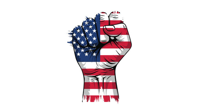 Powerful fist raised in the air is decorated with the stars and stripes of the American flag to symbolize strength and patriotism.