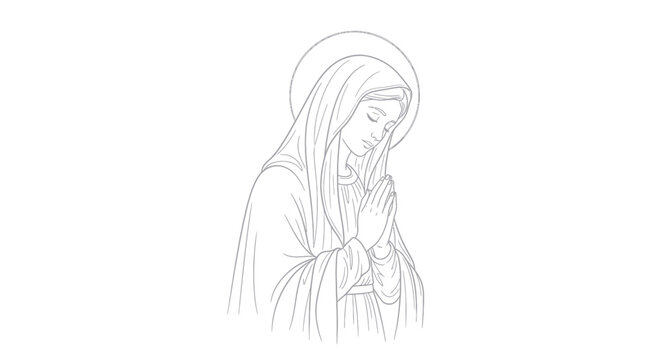 Virgin Mary Praying with Halo, Religious Line Art, Christian Symbol