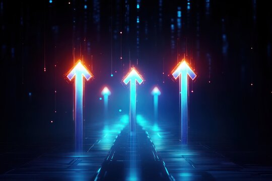 glowing neon arrows rising above a digital circuit floor with light trails and data streams conveying dynamic upward momentum and optimistic futuristic progress