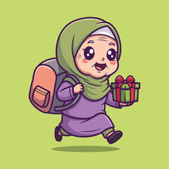 Fototapeta premium Cute Muslim Grandma Holiday Cartoon Illustration Carrying Gifts Vector