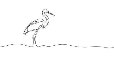 Obraz premium Heron stork single continuous one line out line vector art drawing on white background, Continuous one single minimal line drawing Cranes, Stork bird continuous one line drawing minimalism design.