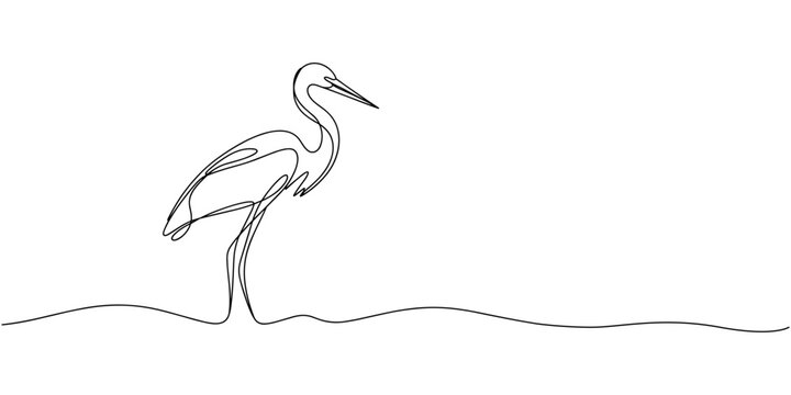 Heron stork single continuous one line out line vector art drawing on white background, Continuous one single minimal line drawing Cranes, Stork bird continuous one line drawing minimalism design.