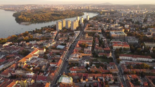 Drone flight at sunset above Zemum district, Belgrade, Serbia, Europe. 4K.