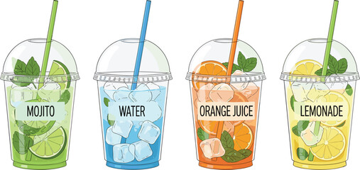 Professional vector illustration set of takeaway beverages in plastic dome lid cups featuring Mojito, Water, Orange Juice, and Lemonade with ice and mint © Shakhawat