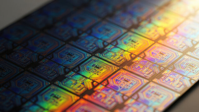 A close-up of a colorful microchip with a grid pattern