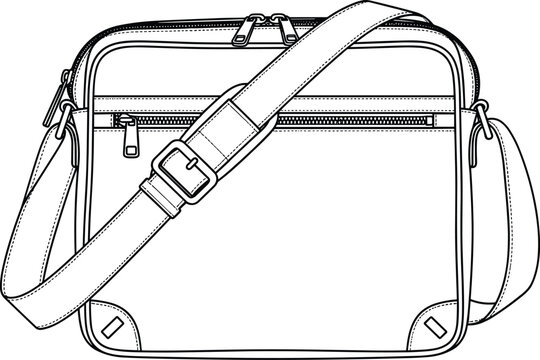 Messenger bag vector illustration featuring adjustable shoulder strap zipper pockets and professional laptop case design isolated on white background for lifestyle fashion.