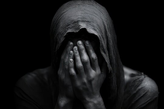 hooded figure with rough tattered cloth over head, hands pressed over face and bare shoulders in darkness conveying deep despair and isolation