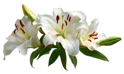 Obraz premium Cluster of pristine white lilies, showcasing deep red stamens and gracefully unfurling petals, surrounded by rich green leaves, transparent background