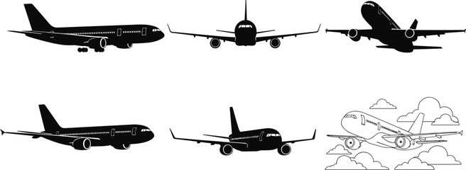Set of commercial airplane silhouettes and aircraft line art icons featuring various flight angles like front view, side profile, and flying through clouds background © SHAPLAKHATUN