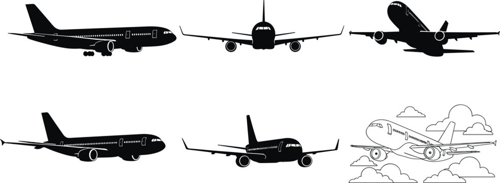 Set of commercial airplane silhouettes and aircraft line art icons featuring various flight angles like front view, side profile, and flying through clouds background