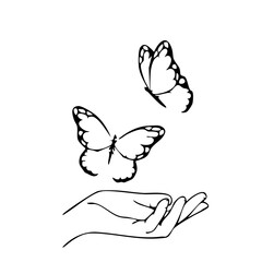 Naklejka premium Hand Releasing Butterflies into Freedom, Simple Line Art