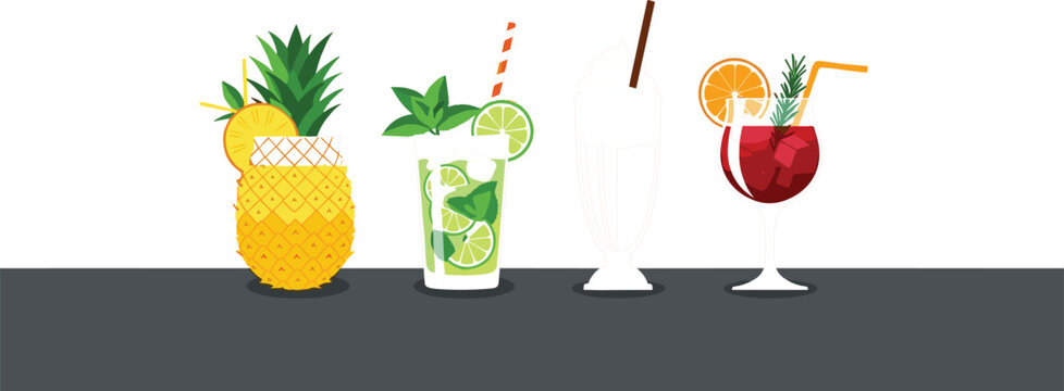 Professional vector illustration set of tropical cocktails, a pineapple drink, and a milkshake featuring creative fruit-shaped background silhouettes