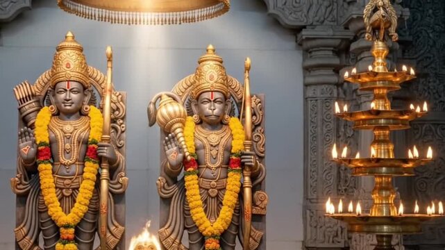 Sacred Temple Scene of Ram and Hanuman Statues with Oil Lamps