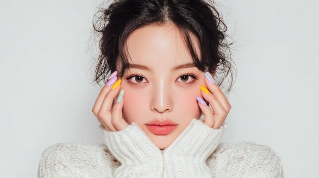 Colorful Nail polish pattern and model woman with Bottles of nail polish,Set pastel colors nail polish,studio makeup,beauty,fashion concept,space for text.