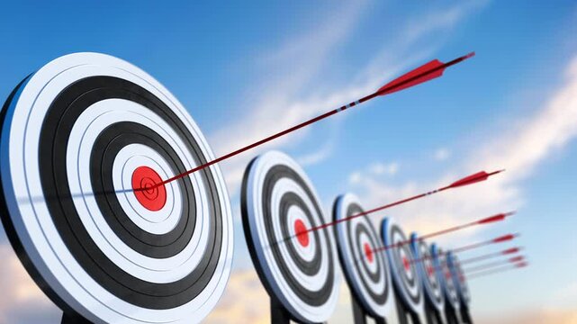 Row of archery targets with red arrows hitting the bullseye, concept of success, goals, strategy, and consistent performance. Selective focus creates depth.  