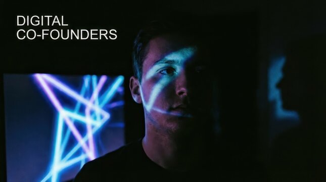 digital co-founders Concept. Man&rsquo;s face half-lit by neon lights with "DIGITAL CO-FOUNDERS" text above