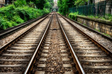 Fototapeta premium Empty train tracks extend through a lush green forest