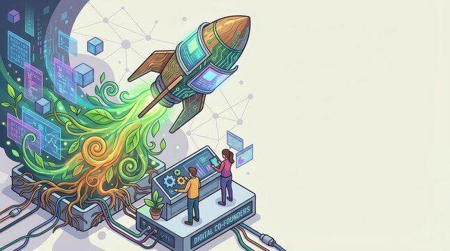digital co-founders Concept. Futuristic rocket launch controlled by two people at a digital command center.