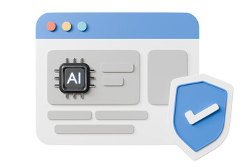 Fototapeta premium 3d ai security website icon. data protection concept. minimal cartoon ui shield checkmark for cybersecurity ads. isolated on white transparent background. 3d render.