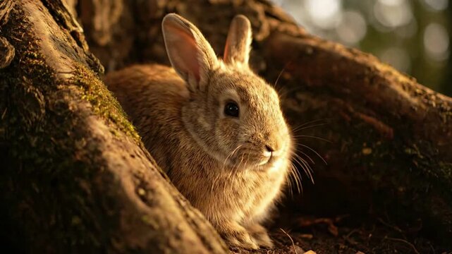 Rabbit hiding in a tree trunk with sunlight.