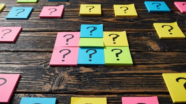 Colorful sticky notes with question marks scattered on a dark wooden background representing inquiries and uncertainty